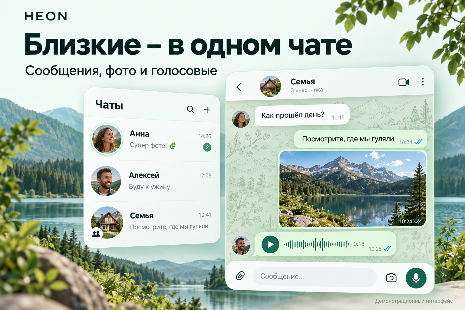 Иллюстрация семейной переписки в HEON с фотографиями и голосовыми сообщениями
